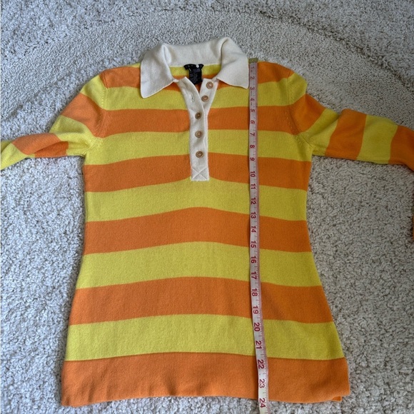 Theory Cashmere Silk Striped Orange Yellow Knit Polo Long Sleeve Shirt Small - Picture 12 of 12